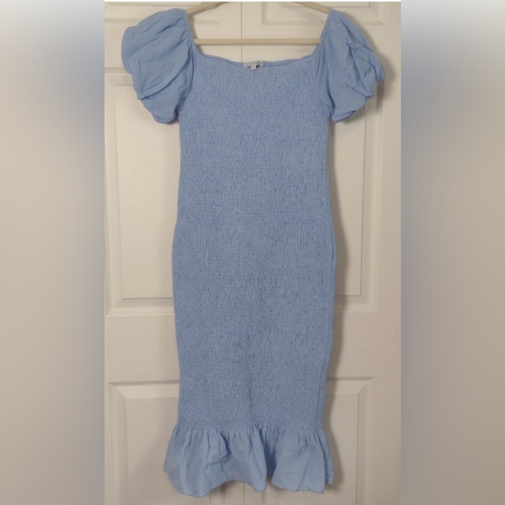 Baltic Born Blue Puff Sleeve Smocked Bodycon Alana Midi Dress